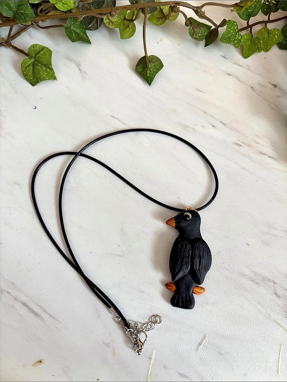 Polymer clay Black crow Pendant Necklace